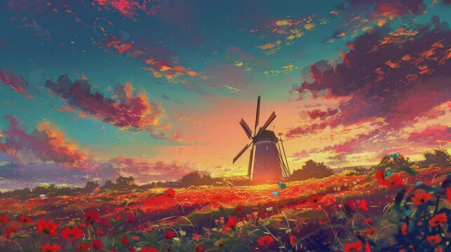 windmill at sunset, Seamless looping time-lapse virtual 4k video animation background
