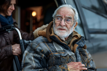 Fototapeta premium Elderly Man in Wheelchair Getting Out of Car