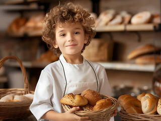 A young boy baker with a cheerful expression. Carrying a basket of breads on the cozy bakery shop