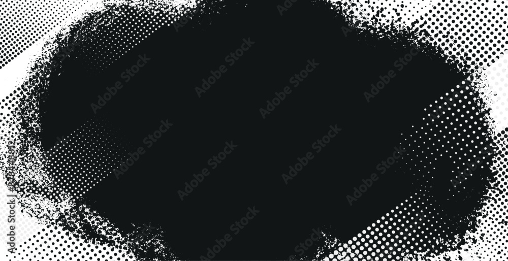 Poster Black paint. abstract splatter grunge with halftone effect. Brush ink stroke. Background for text. Isolated grunge traces banners set.