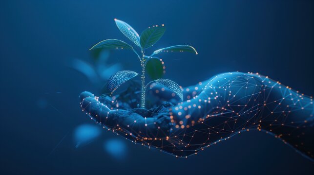 A digital hand holding a young plant, symbolizing technology and growth in a futuristic, blue-themed environment.