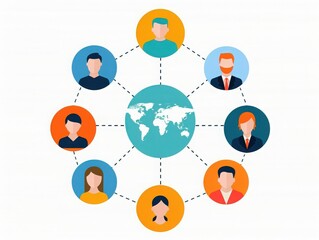 Global communication network illustration with diverse avatars connected around the world map. Concept of remote work and virtual collaboration.