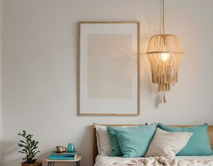 bedroom, Empty photo frame, display, art, mock up 3D home interior design with minimalistic layout. Clean and crisp linen cotton pillows and plants with warm lighting. 