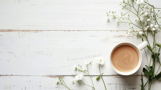 White card coffee caspia bouquet on white wood background with space for text