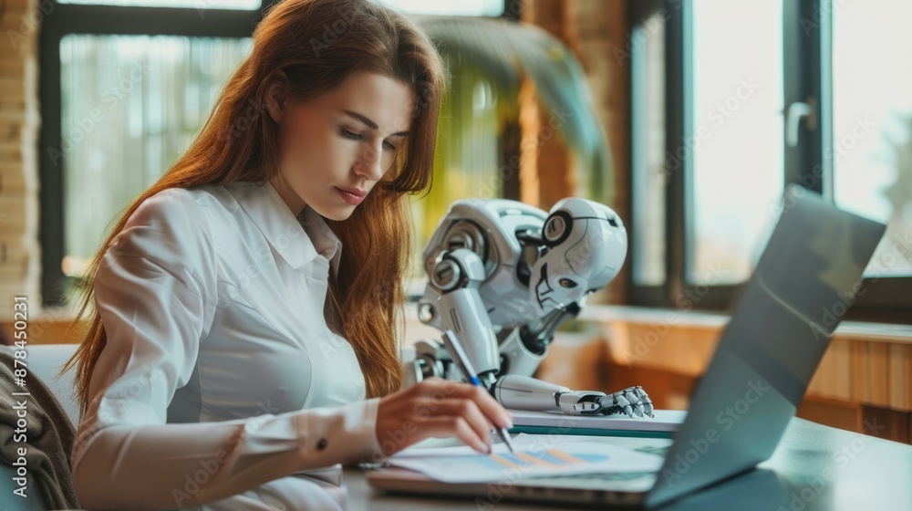 Poster human-robot hybrid writing notes in hi-tech setup, highlighting integrating advanced tech with human