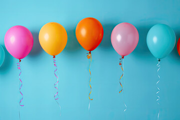 Colorful balloons floating on blue background.