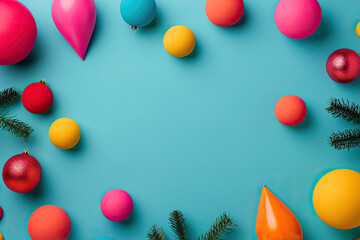 Colorful christmas balls and balloons on blue background.