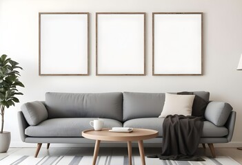 Three empty vertical picture frames in a modern Japanese living room with a grey sofa and minimalist table. Wall art mockup. Generative AI