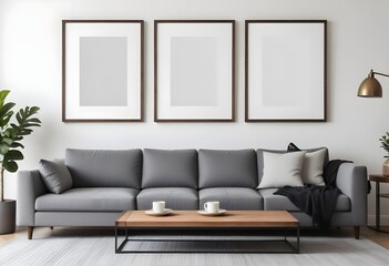 Fototapeta premium Three empty vertical picture frames in a modern Japanese living room with a grey sofa and minimalist table. Wall art mockup. Generative AI