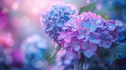 Fototapeta premium Purple and Blue Hydrangeas: Close-Up in Outdoor Garden Setting - Vibrant Flower Banner