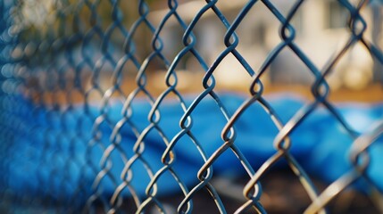 Naklejka premium Safety barrier with blurred background at outdoor shelter or clinic. Closeup of a wire security barrier outside with enclosure or barricade.
