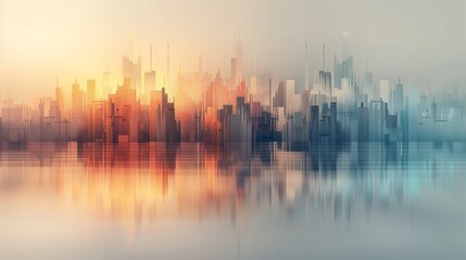 A city skyline at sunrise, with a soft, dreamy feel and vibrant colors. The cityscape is reflected in the water, creating a beautiful and peaceful scene.