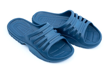 Colorful blue Sandals shoes. Pair of stylish blue flip-flops on white background	
