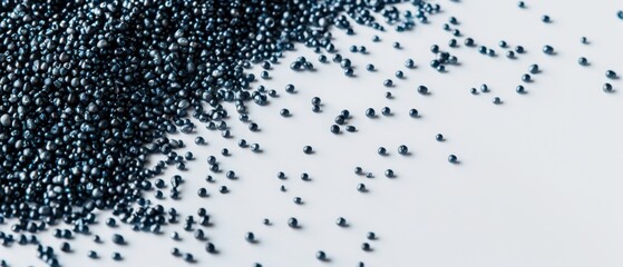 Close-Up View of Dark Blue Beads Scattered on White Surface