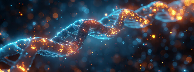 An artistic depiction of a DNA helix highlighted by a dark background and subtle light bulb effects. For DNA, genetics, biology, or medical backdrops.