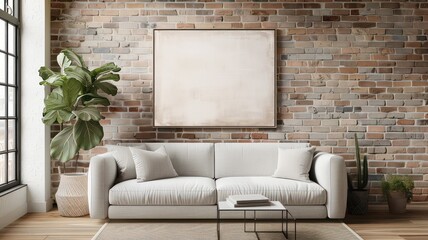 A modern living room features a minimalist white sofa against a rustic exposed brick wall, accented with lush green plants, a sleek coffee table, and a large abstract art piece.