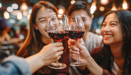 A group of women are happily celebrating, holding wine glasses and having a great time together