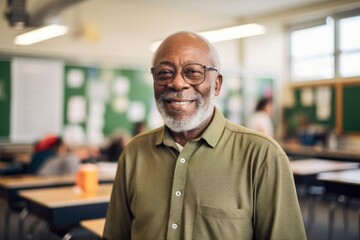 Portrait of a merry afro-american elderly man in his 90s wearing a breathable golf polo over lively classroom background