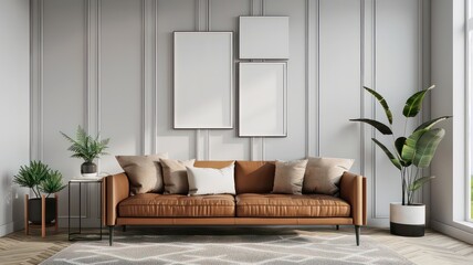 A minimalist living room with a tan leather sofa, complemented by geometric wall art and a potted plant. The space features a light, airy atmosphere with a blend of modern and cozy elements.