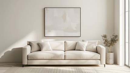 Fototapeta premium A modern living room features a minimalist white sofa against a rustic exposed brick wall, accented with lush green plants, a sleek coffee table, and a large photo frame