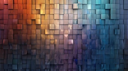 Abstract background with a wall of colorful 3D cubes.  The cubes fade from red to blue creating a gradient effect.