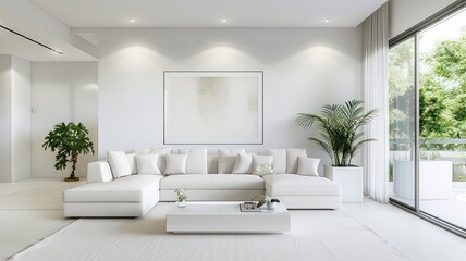 Modern living room with a white sectional sofa and minimalist decor. The space is accented with greenery, large windows, and soft lighting, creating a serene and elegant ambiance.
