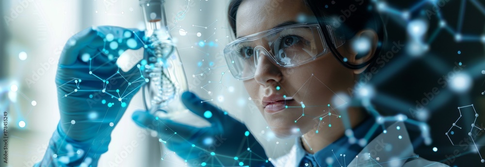 Poster focused scientist examining a vial in a high-tech laboratory with molecular network overlay