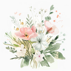 watercolor mountain glade pink and white flowers bouquet, wild bouquet, messy esthetic arrangement