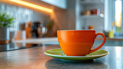 Orange cup on green saucer in modern kitchen setting.