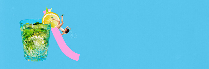 Elegant woman sliding from refreshing mojito cocktail against blue background. Contemporary art collage. Concept of summer, cocktail, vacation, creativity. Banner. Cop space for ad