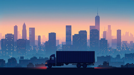 Naklejka premium Silhouette of a delivery truck against the vanilla twighlight
