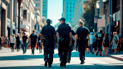 Three uniformed fire safety officers walking down a busy urban street, viewed from behind.