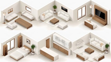 Fototapeta premium Isometric view of six different interior design scenes, featuring living rooms, bedrooms, and kitchens.