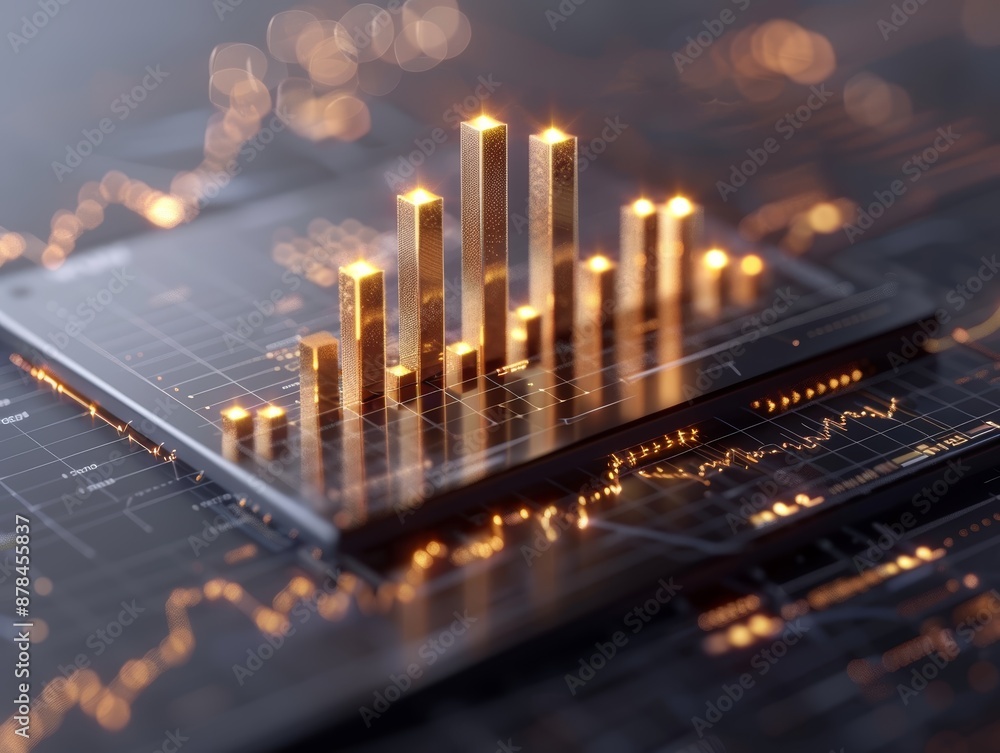 Poster Abstract image of a glowing bar graph on a circuit board, symbolizing growth and technology.