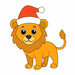 Happy New Year Merry Christmas Funny Lion in Santa Hat Vector Illustration