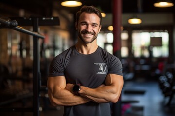 Obraz premium Portrait of a smiling man in his 30s sporting a vintage band t-shirt while standing against dynamic fitness gym background