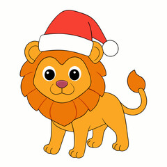 Happy New Year Merry Christmas Funny Lion in Santa Hat Vector Illustration