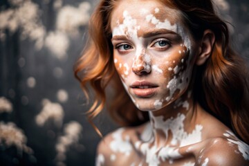 Leukoderma. Vitiligo. Violation of skin pigmentation. Large white spots all over the body and face. Portrait of a beautiful girl with a skin disease.