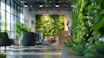 Eco-Friendly Office Environment: Living Green Wall and Natural Light - Promoting Employee Health and Productivity