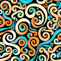 Fototapeta premium Seamless pattern with colorful swirls and curls on a black background.