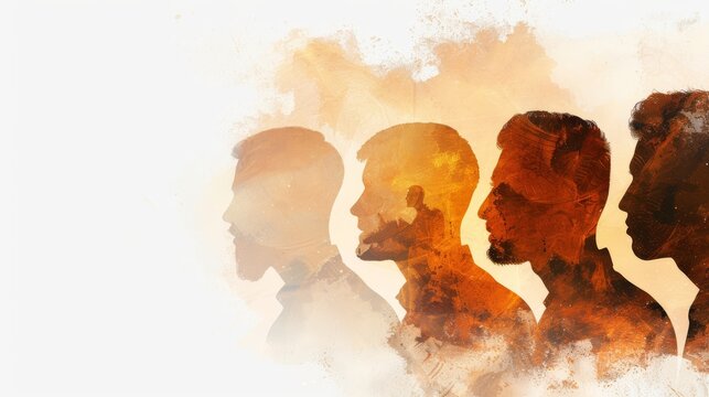 Four men's silhouettes in profile, painted in shades of orange and yellow, create a sense of unity and strength.