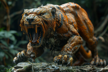 Fototapeta premium Minimalist Smilodon figurine, emphasizing its sharp teeth,