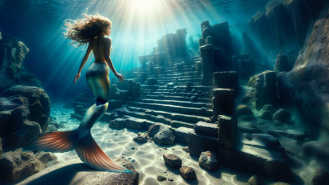 A mermaid dives and encounters an ancient city. ,Beautiful underwater background.