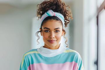 Young woman with curly hair and headband, in colorful activewear, confidently looking at camera, emphasizing fitness and style.