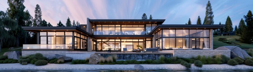 Modern house with large windows and a lush green lawn.