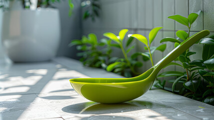 Green ladle on a tiled countertop with plants in the background.