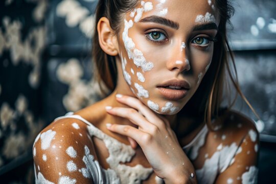 Leukoderma. Vitiligo. Violation of skin pigmentation. Large white spots all over the body and face. Portrait of a beautiful girl with a skin disease.