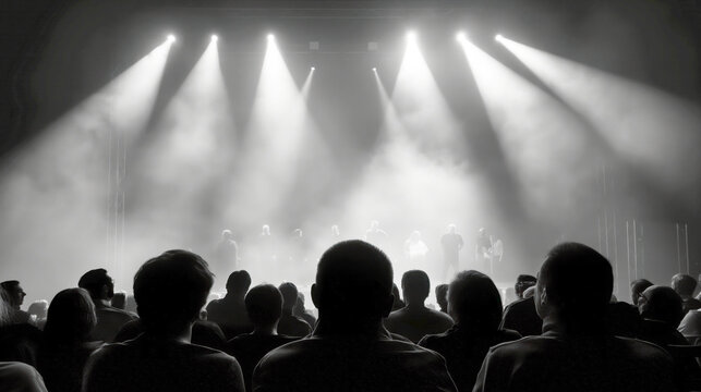 Silhouettes of a concert audience with performers on stage under bright lights and smoke