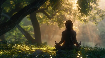"Finding Peace: Woman Meditating in Tranquil Nature Setting"