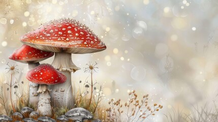 Obraz premium Three red and white spotted mushrooms in a whimsical forest setting, surrounded by soft light and delicate grass.